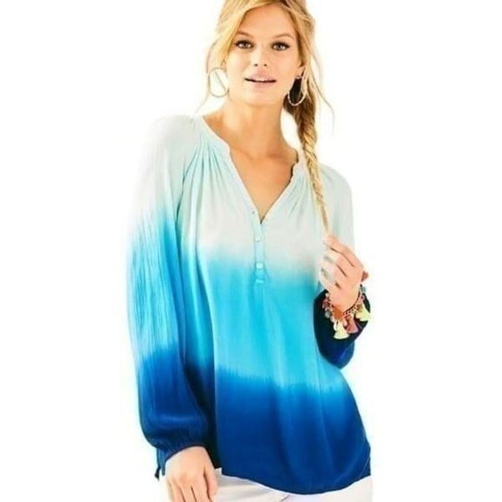 Lily Pulitzer Elsa Indigo Ombre Blue Teal Long Sleeve Top